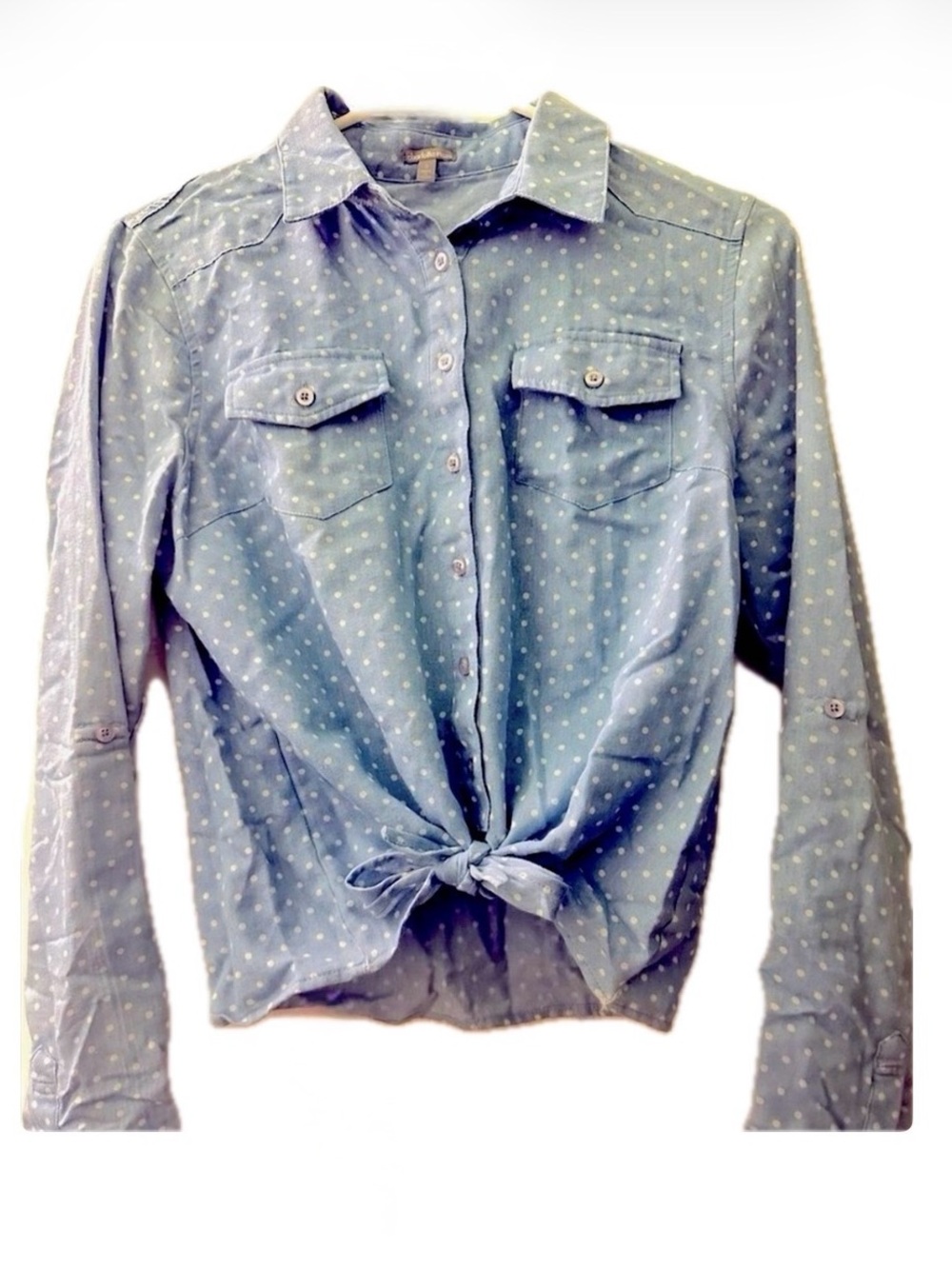 Charlotte Russe tie-front polka dot light blue chambray shirt in size S.
